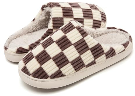 Guyarns Memory Foam Checkered Slippers for Women and Men - Anti-Skid Sole, Fuzzy Indoor Outdoor House Slippers (Brown, 8.5/9.5 UK)