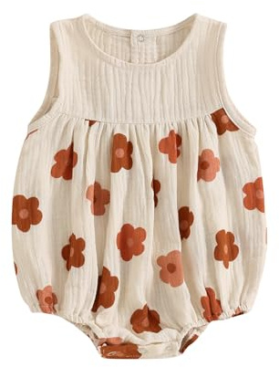 BemeyourBBs Newborn Baby Girl Summer Clothes Sleeveless Bubble Romper Jumpsuit Top Infant Clothing Cute Baby Girl Outfits (Flower Brown, 3-6 Months)