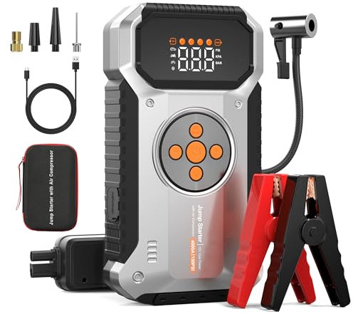 Tyonto Starthilfe Powerbank mit 150PSI Kompressor,4000A 12V Car Starthilfe Powerbank alle Autos Oder 8.0L Diesel,26800mAh 4-in-1 Tragbare Starter Powerbank mit 2 LED-Licht,LCD Display
