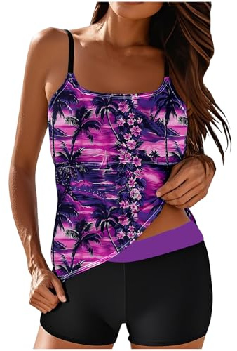 Tankini for Women with Shorts UK Sale Clearance,Two Piece Swimsuits Boyleg Tummy Control Swimwear Vintage Floral Print Swim Tank Tops High Waist Trunks Beach Bathing Suit Sets Ladies