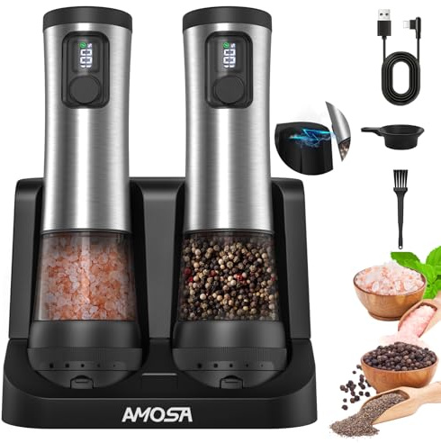 AMOSA Salz Und Pfeffermühle Elektrisch Set, Verbesserte 2-Gang-Stellung, 5 Stufen Äußerlich Verstellbare Körnung, Batterieanzeige Und Aufladbare Basis, Pfeffer Und Salzmühle Automatische Mit LED-Licht