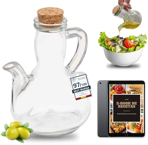 CAVECA Aceitera de Cristal Antigoteo para Cocina de 300ml y Tapón de Corcho + REGALO, Aceitera Tradicional de Vidrio 100% Reciclado y Fabricada en España, Dispensador de Aceite Cocina, Botella Cristal