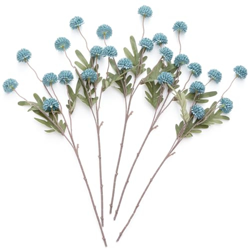 Laelfe 5 Pièces Fleurs Kiku Artificielles, 52cm Chrysanthèmes Pompon en Soie Fleurs Boule Fausses pour Remplissage de Mariage, Bouquets DIY, Centres de Table et Décoration de Maison Cuisine