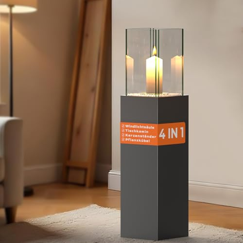 4 IN 1 Windlicht Säule Hoch 89CM Standkamin Groß Windlichter Terrasse Tischkamin Indoor Tischfeuer Outdoor Feuersäule Deko Kerzenleuchter Wendelflamme für Garten, Balkon, Wohnzimmer