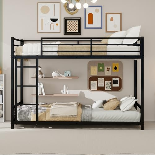 QSOST Lit Superposé 90x190, Lit Superposé Enfant en Métal Robust avec Échelle et Barrière de Sécurité, Pas Besoin de Sommier, Faible Bruit, pour Adulte/Enfant (Noir)
