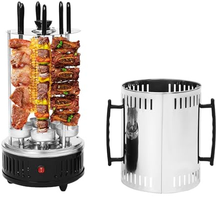 Elektrisk vertikal grill på 1 000 W med 6 spett fristående vertikal elektrisk grill rostfritt stål roterande grillmaskin med oljedroppskål vertikal grill för grillfester, picknick, grillrestauranger