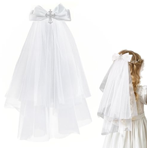 Dermalyx Communion Veil Headpiece, White Ribbon Cross Veil Girl Communion Outfit, Ivory Veil, Wedding Veil, Baptism Decoration