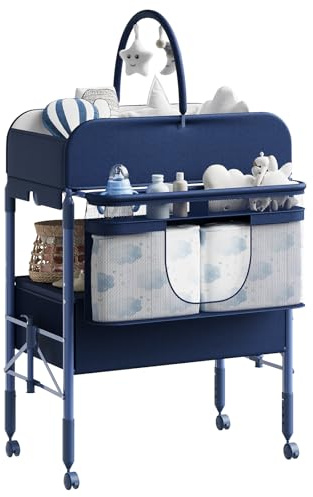 Table à Langer Pliable Bébé Avec 2 Tiroirs, Hauteur Réglable, Matelas Imperméable, Rangement Nurserie, Tringle à Vêtements Et 4 Roulettes Verrouillables, Bleu