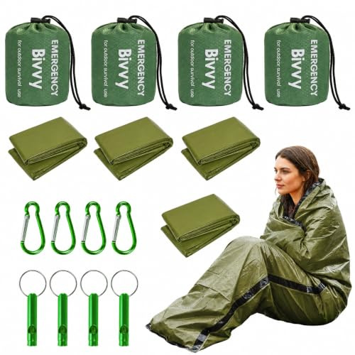 Fettwal Pack of 4 Emergency Sleeping Bag, Survival Bivvy Bag, Rescue Blanket with Carabiner Signal Whistle, Survival Equipment, Survival Sleeping Bag, Survival Equipment for Outdoor Camping Bivouac