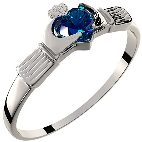 GWG Jewellery Bague Claddagh Argent Sterling avec Pierre Bleu Saphir en Forme De Cœur sous Une Couronne – 8 dans Boîte Cadeau pour Femme