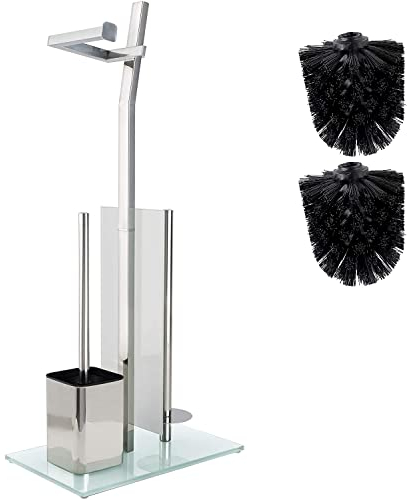 WC-Garnitur Mit Rollenhalter - Glänzendes Chrom – Toilettenpapierhalter Ohne Bohren Aus Gebürstetem Edelstahl – Fuß Aus Glas – 32X20X70 cm – Einfache Montage – 1 und 2 WC Bürste Zum Austauschen