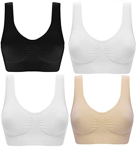 Mariel 4 Pack Double Lined Material Premium Comfort Bra Women Seamless Bralette Sleep Yoga Vest Wire Free (4 Pack Black/White/Nude/White, L)
