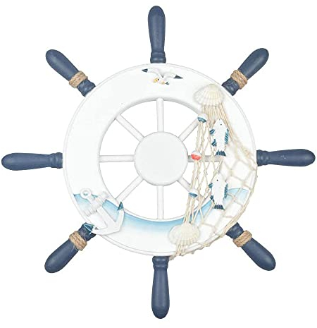 Arredamento Nautico, Volante Per Decorazioni Da Parete, Timone Decorativo In Legno, con Una Rete Da Pesca, per Decorare Pareti, Porte, Scale, Stanze(32cm/12.6in)
