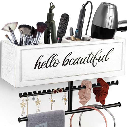 Ronjnndc Rustic Hair Dryer Holder Wall Mounted,Hair Styling Tools & Accessories Organizer,Bathroom Supplies & hot Tools vanities Organizer Caddy,for Storage Flat Iron,Blow Dryer,Curling Iron (White)
