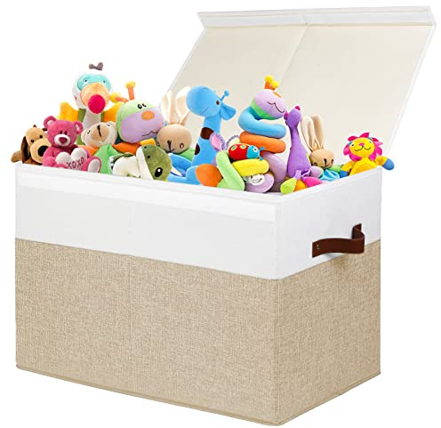 Gowee Large Toy Storage Box with Lid, Sturdy Toys Storage Chest Bin Organizer Basket with Dividers for Kids, Boys, Girls, Nursery, Closet, Bedroom, Playroom 25x13 x16 (Beige and White)
