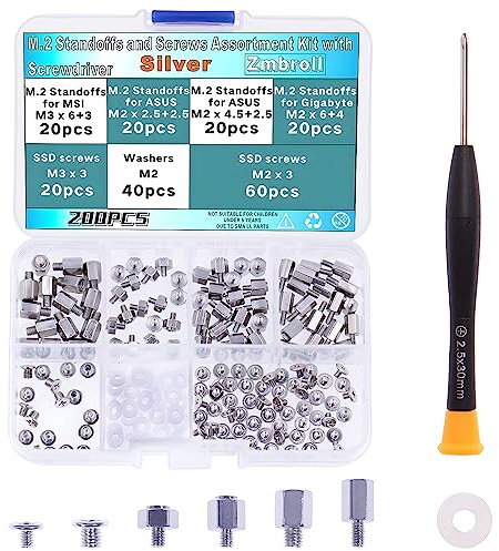 Zmbroll 200Pcs M.2 SSD Mounting Screws Silver Laptop Screws m.2 Standoff and Screw M2 Motherboard Standoffs Notebook Computer Screw Set with Screwdriver for Asus Gigabyte MSI Motherboards