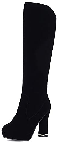 Lroey Reoly Botas Altas Hasta La Rodilla con Tacón de Bloque para Mujer, Botas de Vestir Punta Rojoonda Tacón Alto Zapatos Largas Zip con Plataforma, H3435Fx Negro Talla 37 EU
