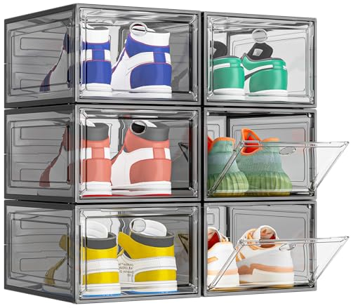 TidyTrove Schuhboxen stapelbar, 6 Stück Schuhboxen aus klarem Kunststoff, faltbar und stapelbar Schuhorganisatoren mit Magnettür für Größe 46, Schwarz