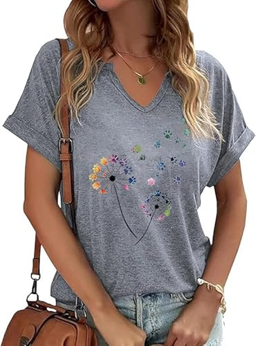 V Neck Shirts for Women Dandelion Print Shirts Summer Loose Dog Paw Graphic Short Sleeve Tops Tee(SEC01GR,Large)