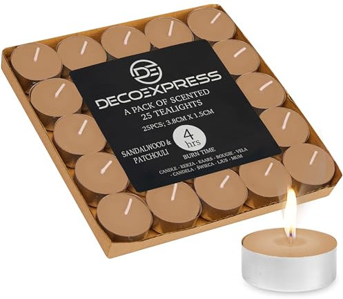 DECO EXPRESS Teelichter Großpackung, 24, 25, 50, 100 oder 200 Teelichter Lange Brenndauer 4, 8 oder 10 Stunden (Sandelholz und Patschuli 25/4 Stunden)