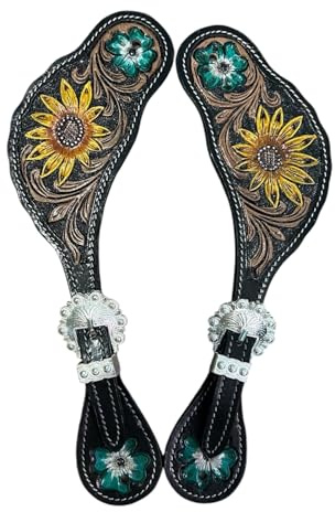 Majestic Ally Western Spur Straps, Genuine Leather, Antique Hand Tooling, Adjustable Stainless Steel Buckle (BLK-SSSF)