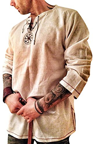 Rodawu Mens Viking Tunic Casual Cotton Linen Medieval Pirate Hippy Shirts