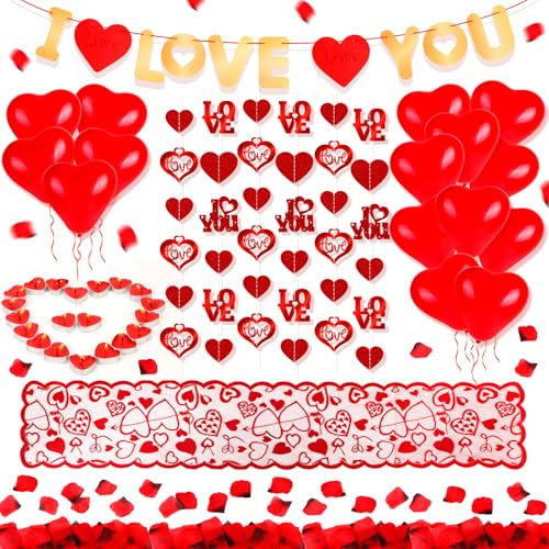 HOWAF Kit Romántico Globos Corazon, Petalos de Rosa Artificiales, Velas Corazon, Guirnalda Corazones Decoracion, Camino de Mesa para Decoracion San Valentin, Aniversario Compromiso Propuesta