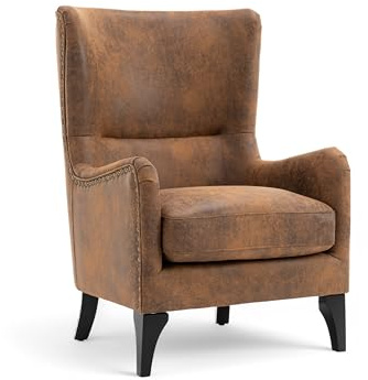 Stunning Chairs Brown Faux Leather Wingback Armchair – Classic High Back Chair for Reading, Stylish Accent Fireside Chair with Wooden Legs, Ideal for Living Room, Bedroom