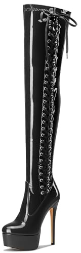 Aachcol Mujer Sobre la Rodilla Plataforma Aguja Cordones Botas Rodilla Cremallera Alto High Heel Dress Botas 15 CM Heels Negro 39 EU