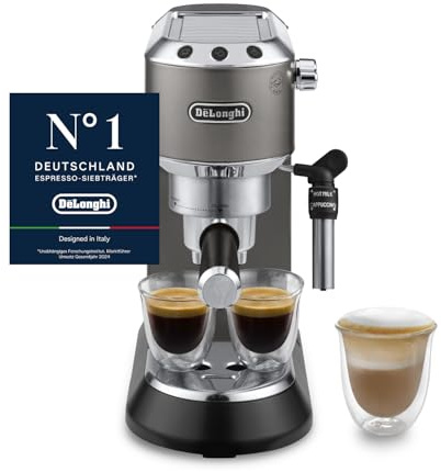 De'Longhi Dedica Style - Perfetto Kompakte Siebträgermaschine Espressomaschine mit Tasten, manuellem Milchaufschäumer für Espresso und Cappuccino, ESE Pad geeignet, 15cm breit, Titan (EC685.TB)