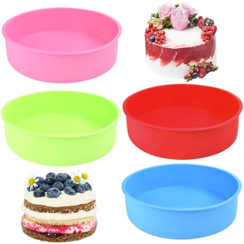 OLRWSLG 4 Pcs Silicone Cake Mould, 8 inch Round Cake Mould Cakes Tins Non-Stick Round Trays Baking Pan Reusable Cakes Durable Baking Trays for Bake Cheesecake Bread Puddings Cupcake (4 Colors)