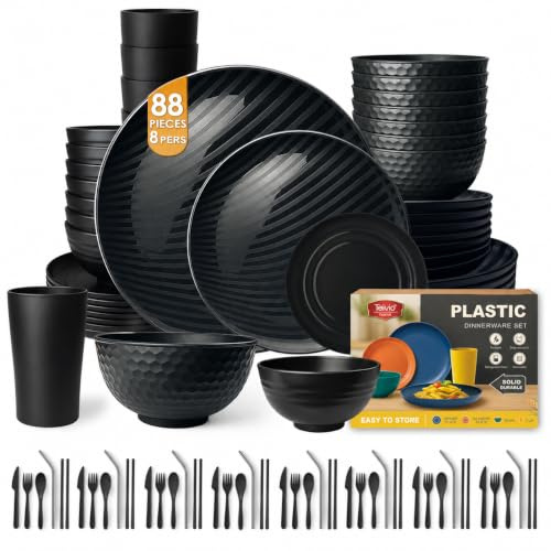 Teivio 88-Piece Kitchen Reusable Plastic Round Dinner Set for 8, Dinner Plate, Dessert Plate, Cereal Bowl, Sauce Cups, Cup, Unbreakable Plastic Plate and Bowl Set, Outdoor Camping Dishes, Black