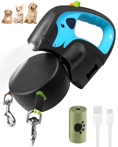 3M Retractable Double Dog Lead, Up to 20kg Non-Slip Handle Dog Lead with Rechargeable Flashlight & Rubbish Bag, 360° Tangle-Free Reflective Nylon Band, for Walking 2 Dogs