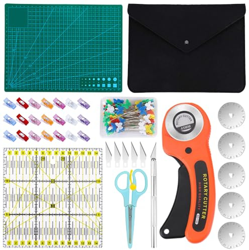 Weciau 96PCS Rotary Cutter, Fabric Cutter Wheel, Fabric Cutter Set with Cutting Mat, Carving Knife, Quilting Ruler, Sewing Clips and Pins, Quilting Kit for Quilting Craft, Fabric, Leather and Cloth