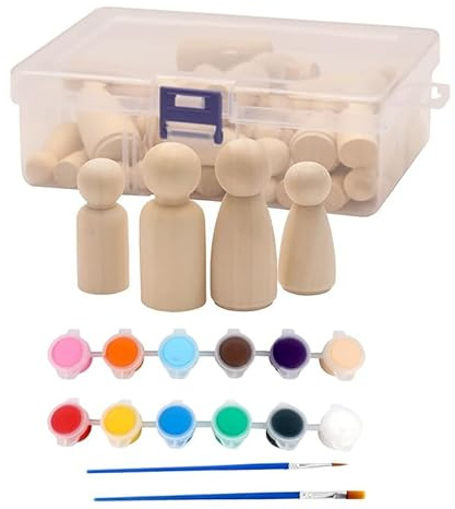 50 muñecas de madera para manualidades y pintura, juego de personas Waldorf Peg sin terminar con caja de almacenamiento para proyectos de arte de bricolaje