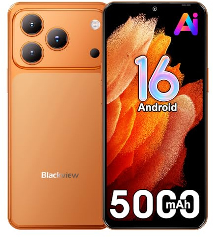 Blackview Wave 7C Android 16 Smartphone Libre con IA, 16GB+64GB/TF 1TB Teléfonos Móviles Libres, 6.56 HD+ Teléfono Móvil, 32MP+13MP, 5000mAh, 4G Dual SIM/WiFi 5/Face ID/GPS/OTG/FM/Funda, Naranja