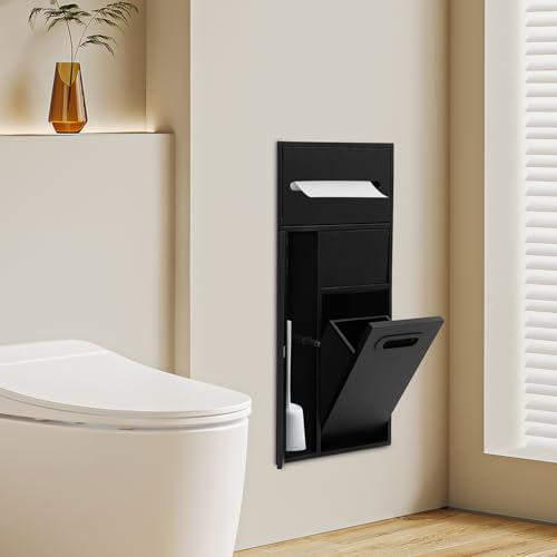 GIDRLL Duschnische - Niche murale en acier inoxydable - Rangement mural encastré avec porte-brosse WC - Armoire cachée multifonction pour rangement de salle de bain - 60 × 30 x 14 cm (noir)