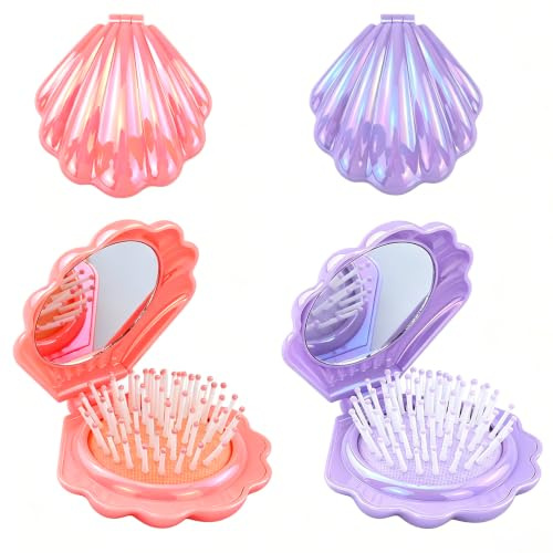 2 mini spazzole per capelli rotonde con piccolo specchio, forma di conchiglia, finitura metallica lucida, pieghevole, portatile, pettine per massaggio dei capelli (viola, rosa)