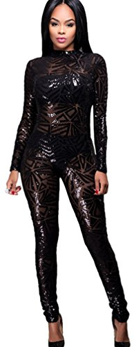 YOUJIA Jumpsuit Einteiler Pailletten für Damen Einteiler Glänzend Strampler Slim Fit Bodysuit Abendmode Overall (Schwarz, CN M)
