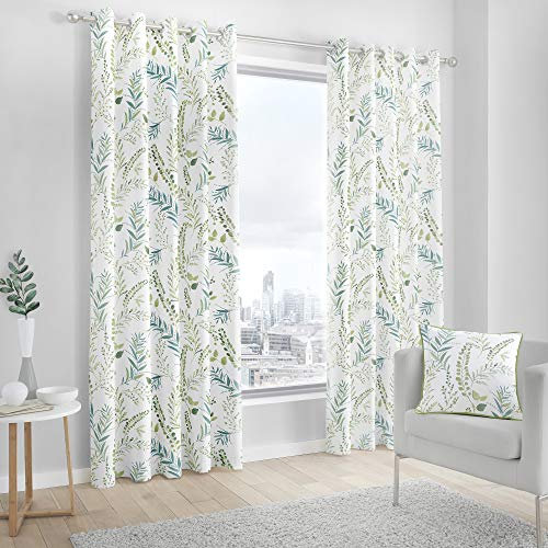 Fusion Fernworthy Leaf Print 100% Cotton Eyelet Lined Curtains, Green, 90 x 90 Inch
