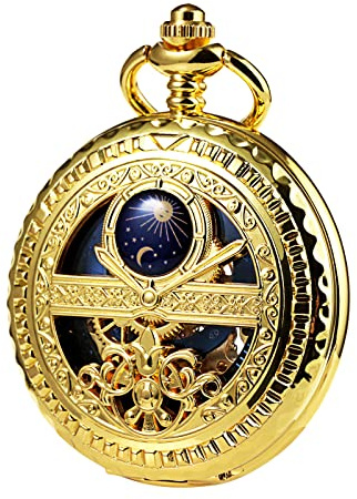 TREEWETO Men's Mechanical Roman Numerals Dial Sun and Moon Skeleton Gold Case Pocket Watches with Box and Chains for Mens Women
