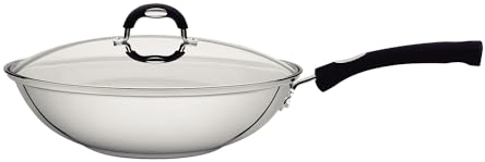Tramontina Stainless Steel Wok with Glass Lid | 28 cm (3.3 Litre) | Induction-Ready | Silicone Comfortable Handles | Dishwasher-Safe 62138/280