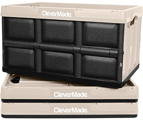 CleverMade Collapsible Storage Bins - Tan 3 Pack 46L - Stackable Containers Heavy Duty Capacity Folding Crates - Space-Saving for Home