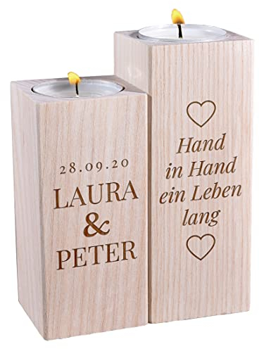 polar-effekt Teelichthalter 2er-Set aus Holz mit Gravur - Motiv: Hand in Hand - personalisierte Geschenkidee - Deko für Wohnzimmer - individueller Kerzenhalter - Hochzeit, Jahrestag - für Ehepaare