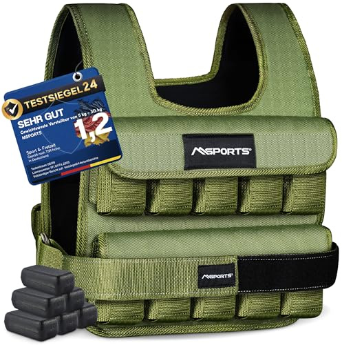 MSPORTS Gilet zavorrato di qualità superiore, regolabile da 5 a 30 kg, per l'allenamento e la muscolazione, verde militare