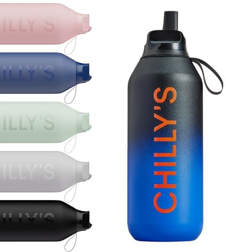 Chilly's Series 2 Flip Bottle with Sports Flip Lid, Telescopic Straw and Nylon Carry Loop - Easy Flip Lid, Straw Cleaning Brush Included - 500ml - Ombre Black Blue
