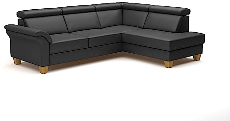 CAVADORE Leder-Ecksofa Ammerland mit Ottomane / Landhaus-Sofa mit Federkern + Kopfteilverstellung / 245 x 84 x 194 / Leder Schwarz