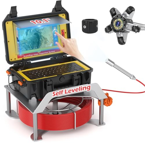 Videocamera Ispezione Tubi 50m, Telecamera Ispezione Tubi con Autolivellamento, Dotato di Tastiera e Contatore di Distanza, 10 Schermo a sfioramento, Telecamera di drenaggio con Trasmettitore 512hz