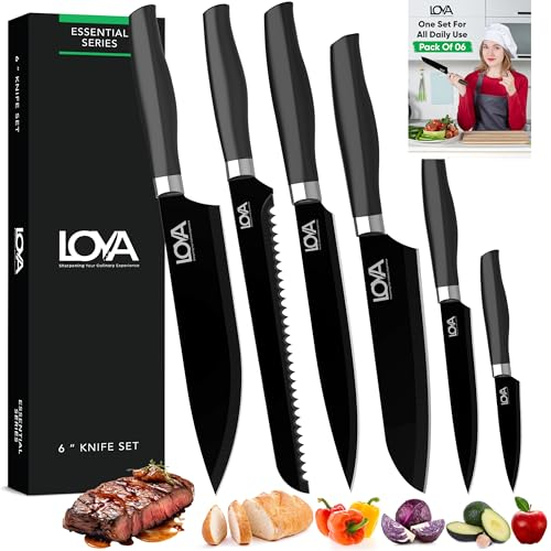 Professional kitchen knives Set of 6, Silver High-Carbon Stainless Steel Blades with Non-Stick Coating, Ergonomic Handles, Protective Sharp Knife Set of Chef, Slicing, Bread (Black Knife Set)