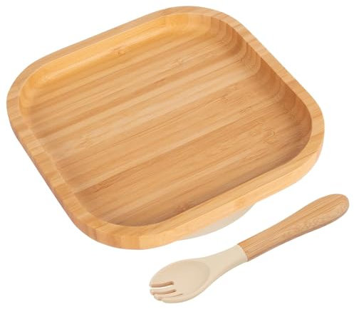 Tiny Dining 2pc Beige Bambus-Quadratische-Baby-Entwöhnungsteller & Gabelsatz - Hölzern Geteilt Kleinkind Kinder Essen Fütterung Tablett - Silikon Saugnapf